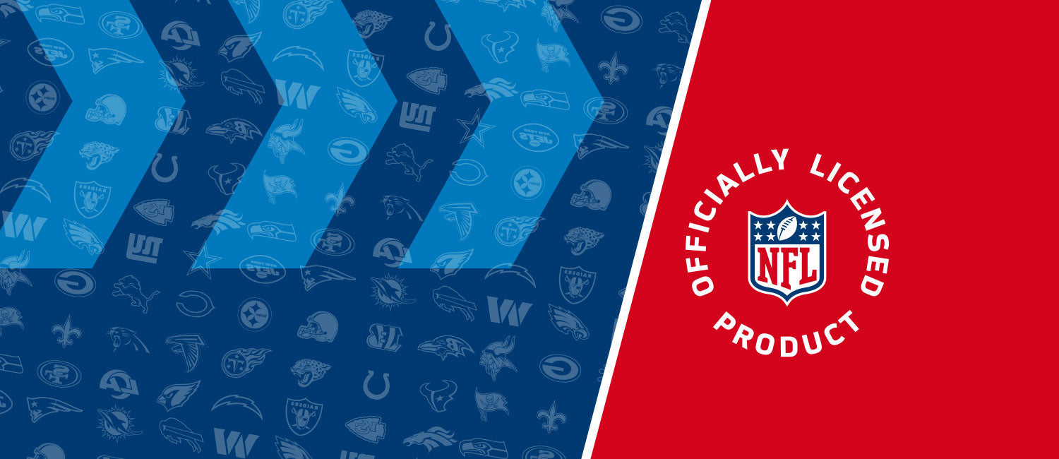 NFL Kollektionsbild mit Team-Logos im Hintergrund und dem offiziellen Lizenzprodukt-Siegel für Football-Fankrüge.