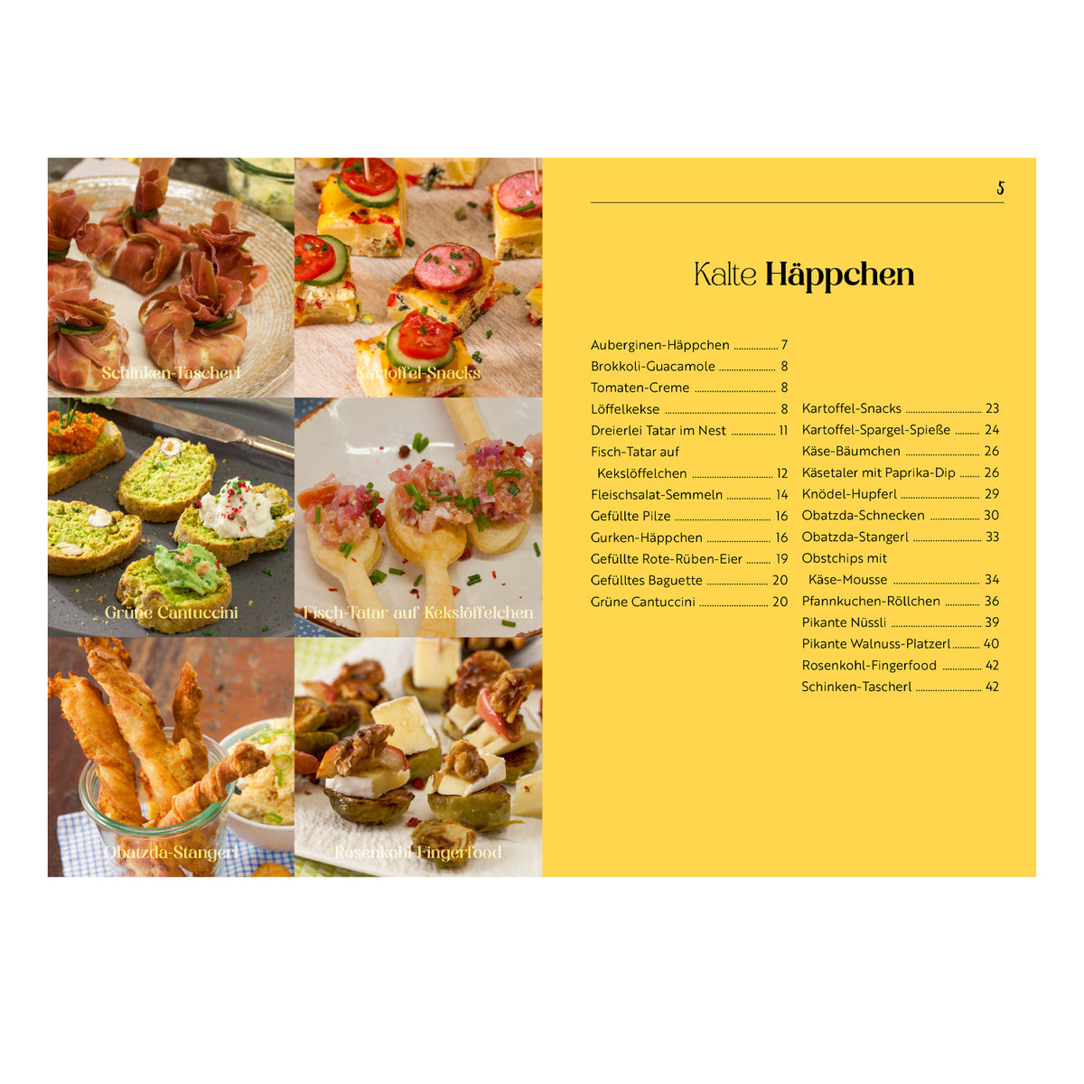 Kochbuch "Alpentapas" Inhaltsseite mit farbenfrohen Bildern von Schinken-Tascherl, grünen Cantuccini, Kartoffel-Snacks und mehr.