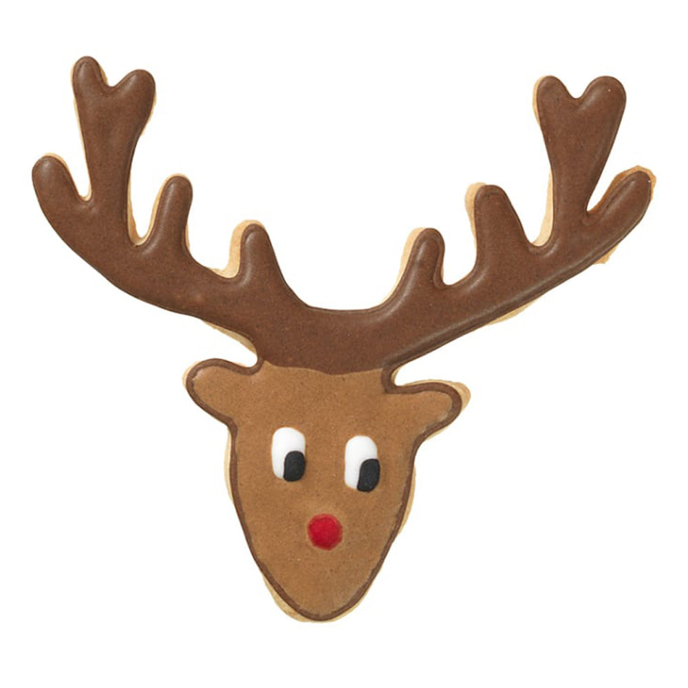 Braunes Plätzchen in Form eines Hirschkopfes mit Geweih, Augen und roter Rudolf-Nase, gebacken mit Plätzchen Ausstechform "Hirsch".