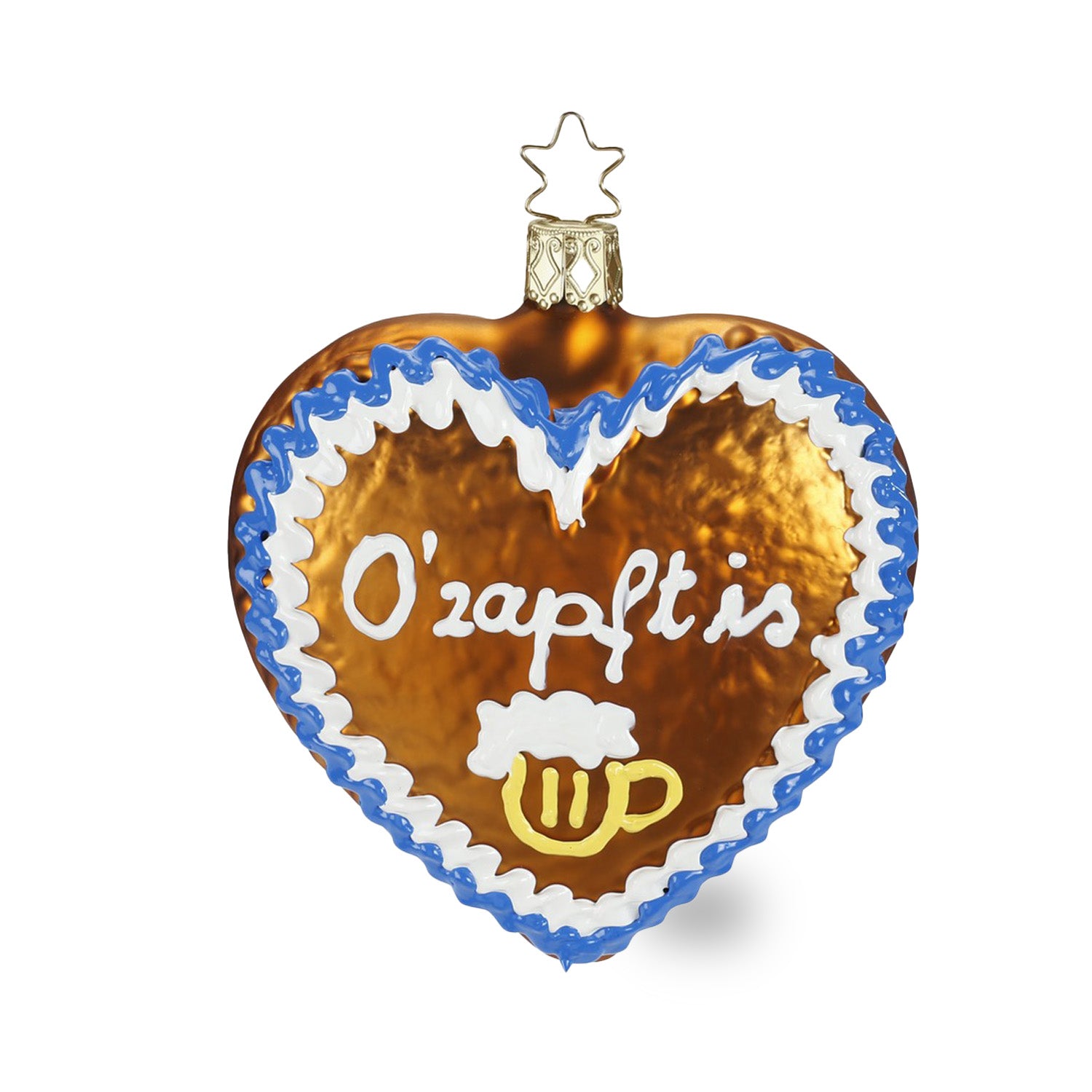 Christbaumschmuck Lebkuchenherz O´zapft is in Braun mit blau-weißer Zuckerguss-Randverzierung und Bierkrug-Motiv