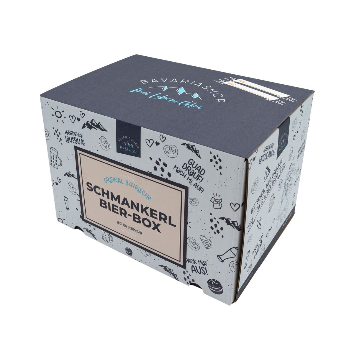 Geschlossene Schmankerl Bier-Box mit dunkelblauem Deckel und bayerischen Motiven