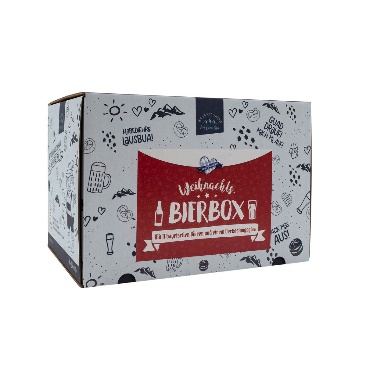 Weihnachts Bier-Box mit rotem Etikett und bayerischen Motiven von der Seite