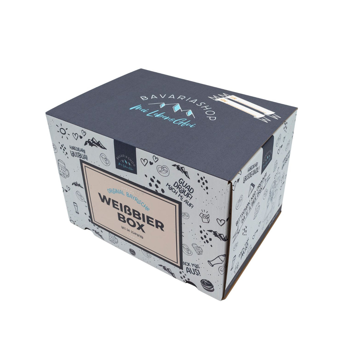 Geschlossene Weißbier-Geschenkbox mit dunkelblauem Deckel