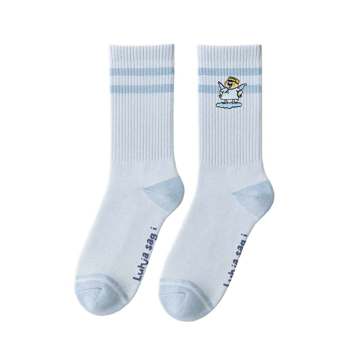 Aloisius Socken mit eingestricktem Schriftzug „Luhja sag i“ an der Sohle, hellblaue Ferse und Spitze