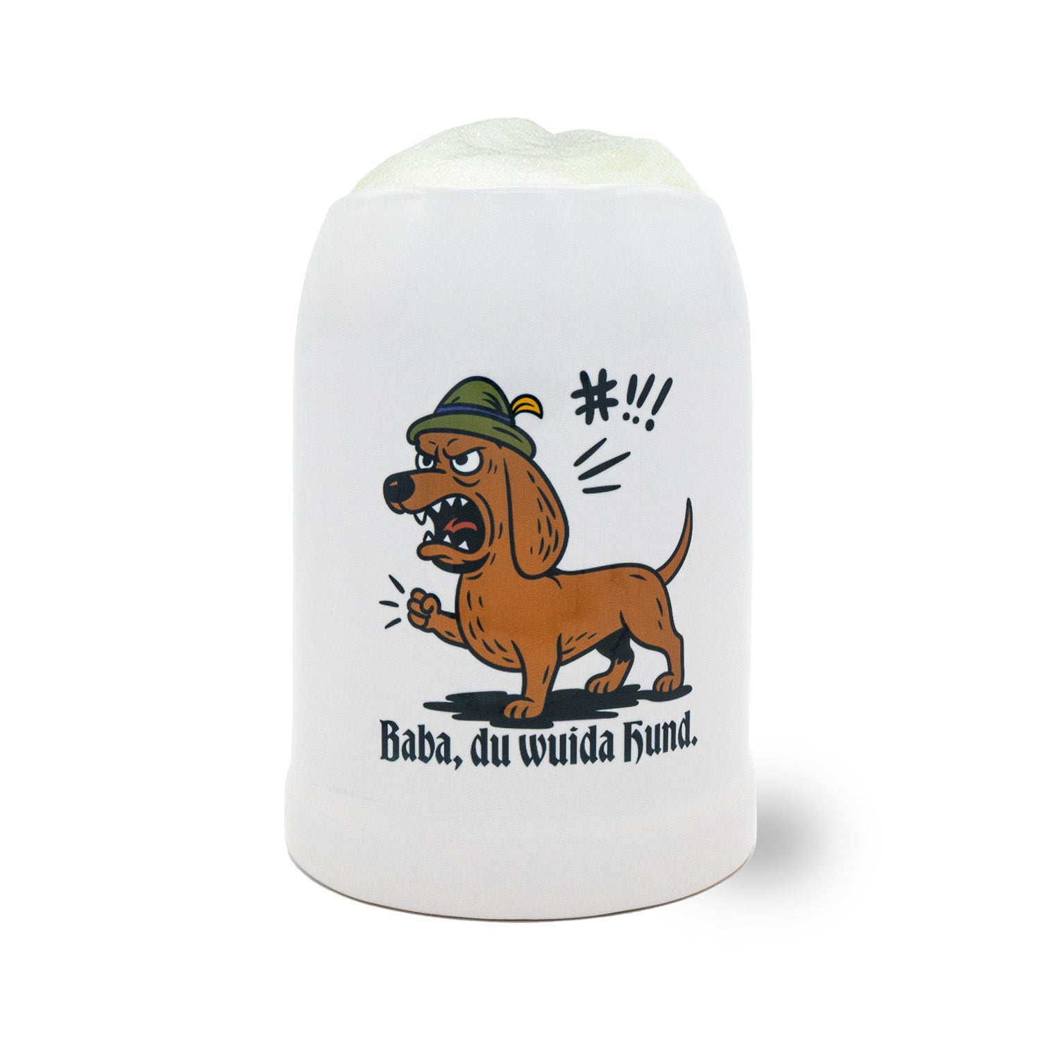 Weißer Bierkrug Baba, du wuida Hund mit wütendem braunen Dackel und grünem Tirolerhut Motiv.
