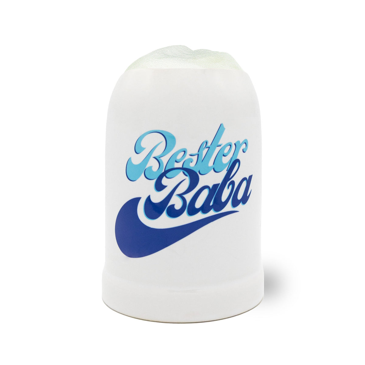 Weißer Bierkrug Bester Baba mit blauer Aufschrift und Schaumkrone, Geschenkidee zum Vatertag.