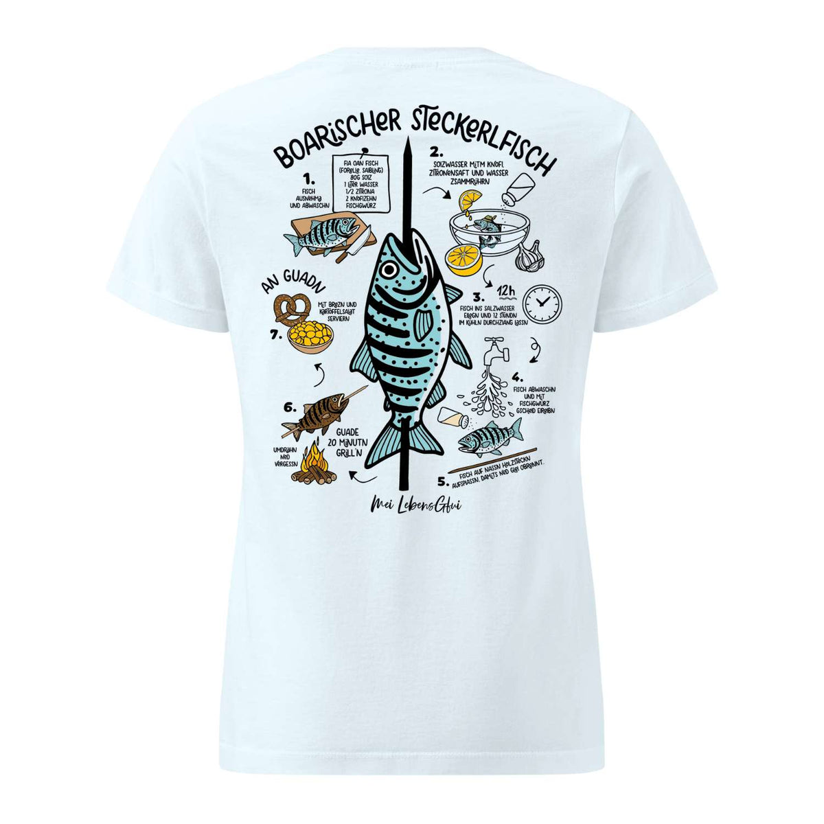 Damen T-Shirt Boarischer Steckerlfisch, weiß mit bayerischem Rezept-Print für Steckerlfischzubereitung.