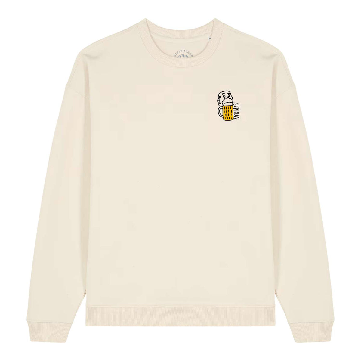 Cremefarbener Herren Rezept Pullover Pack Maß mit Biertrinker-Karikatur und bayerischem Spruch auf der Brust.