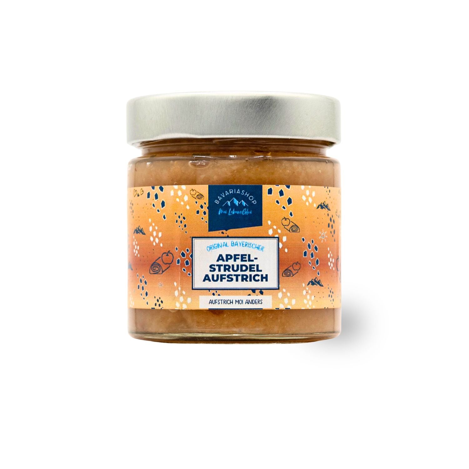 Glas Fruchtaufstrich "Apfelstrudel" mit bayerischem Etikett, bereit zum Genuss für Frühstück oder Dessert.