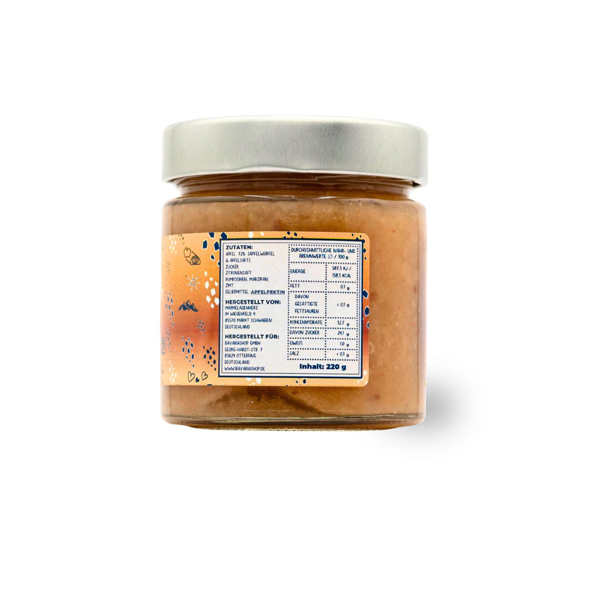 Fruchtaufstrich Apfelstrudel im Glas mit beige-goldenem Inhalt. Zutatenliste und Nährwerttabelle sind gut lesbar.