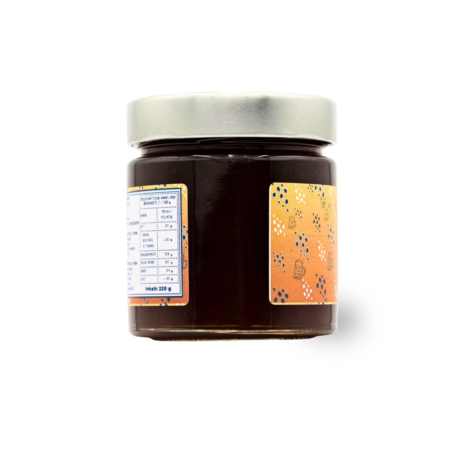 Fruchtaufstrich "Dunkelbier" im Glas mit gold-orangefarbenem Etikett und Nährwerttabelle, Inhalt 220 g.