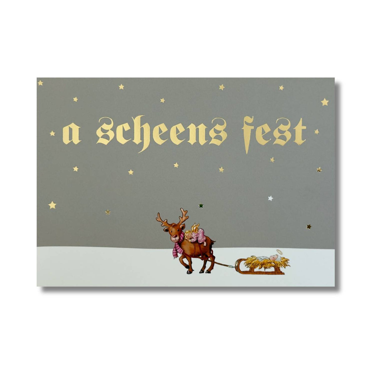 Glückwunschkarte "a scheens Fest - Christkind" mit Rentier, Engel und Christkind auf Schlitten unter Sternenmotiv.