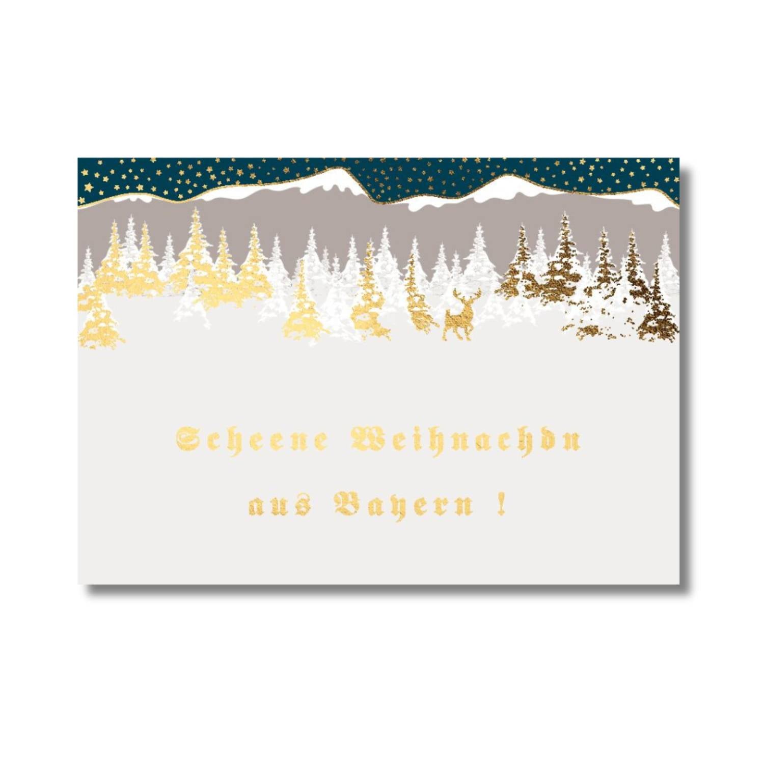 Glückwunschkarte Scheene Weihnachdn mit goldglitzernden Tannen und Bergen vor sternenklarem Nachthimmel