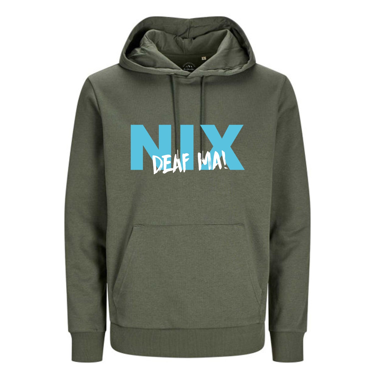 Grüner Hoodie Nix deaf ma mit blauem Schriftzug und weißer Kontur. Kapuzenpullover mit Kängurutasche.
