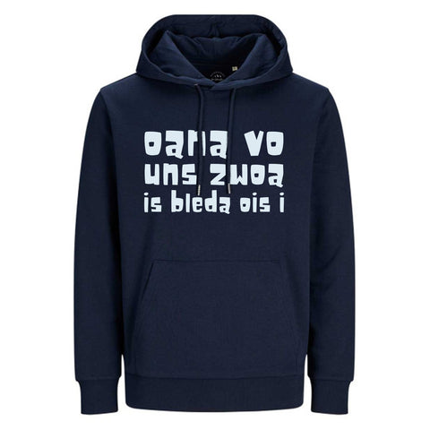 Hoodie Oana vo uns zwoa... in Dunkelblau mit weißem Spruch auf der Brust und Kängurutasche