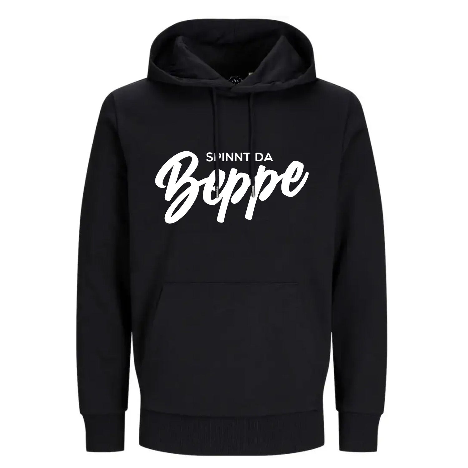 Schwarzer Hoodie Spinnt da Beppe mit weißem Aufdruck, Kapuze und Kängurutasche auf weißem Hintergrund.