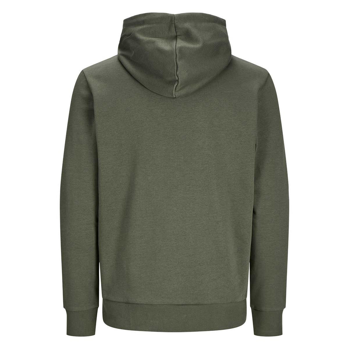 Rückseite des olivgrünen Hoodies Hoamat mit Kapuze, gerippten Bündchen und Saum, schlichter Stoff.