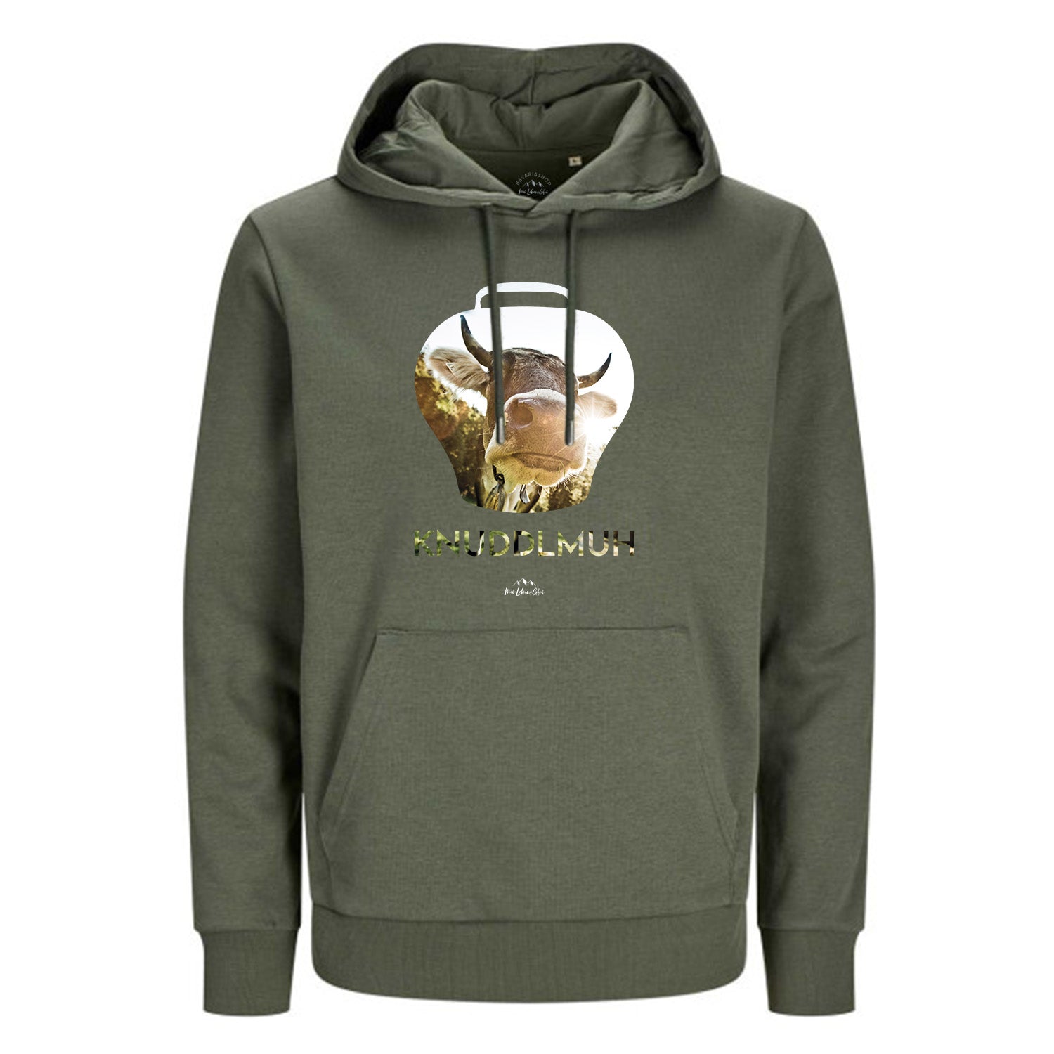 Khakifarbener Hoodie Knuddlmuh mit stilisiertem Kuhglocken-Druck und Kuhgesicht im Design.