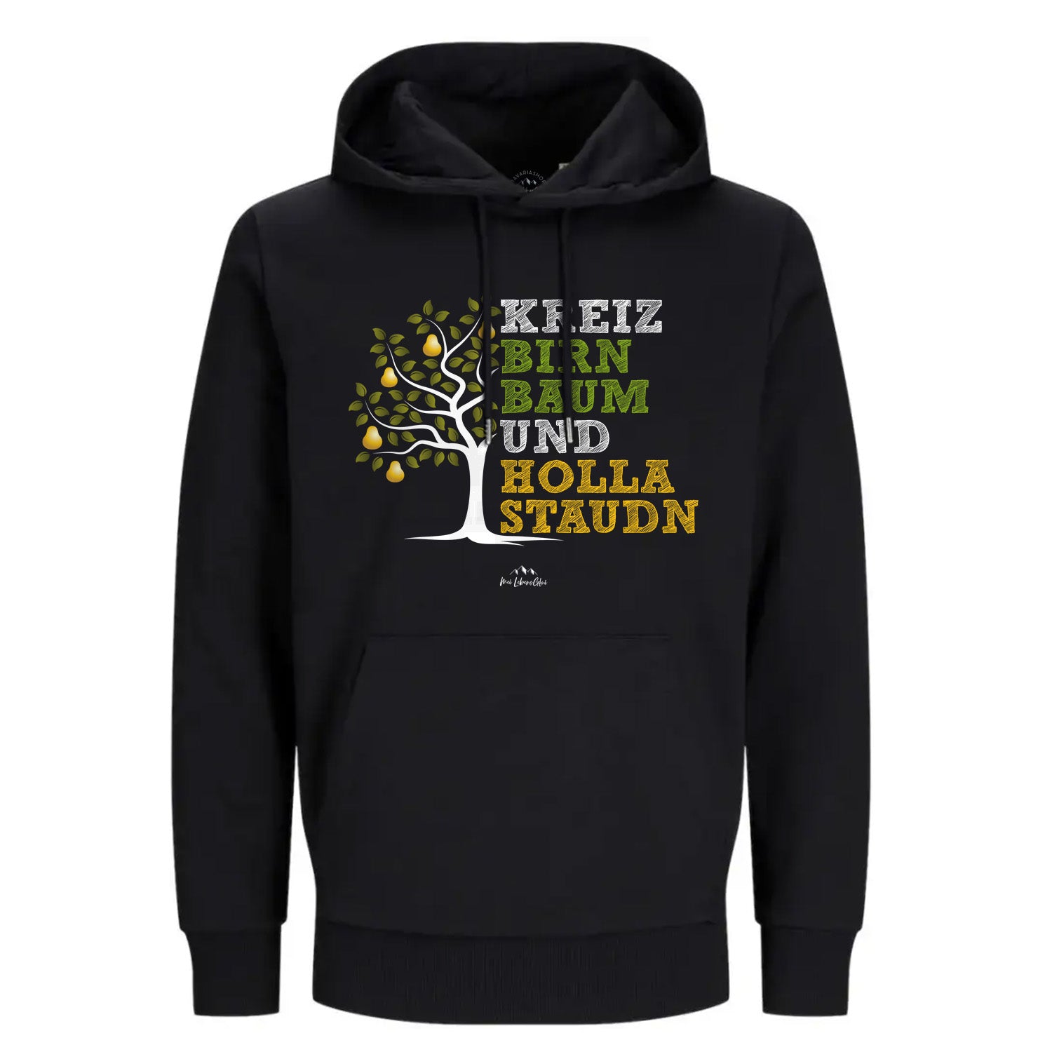 Schwarzer Hoodie Kreizbirnbaum mit hellem Birnbaum-Motiv und Schriftzug in Weiß, Grün und Gold.