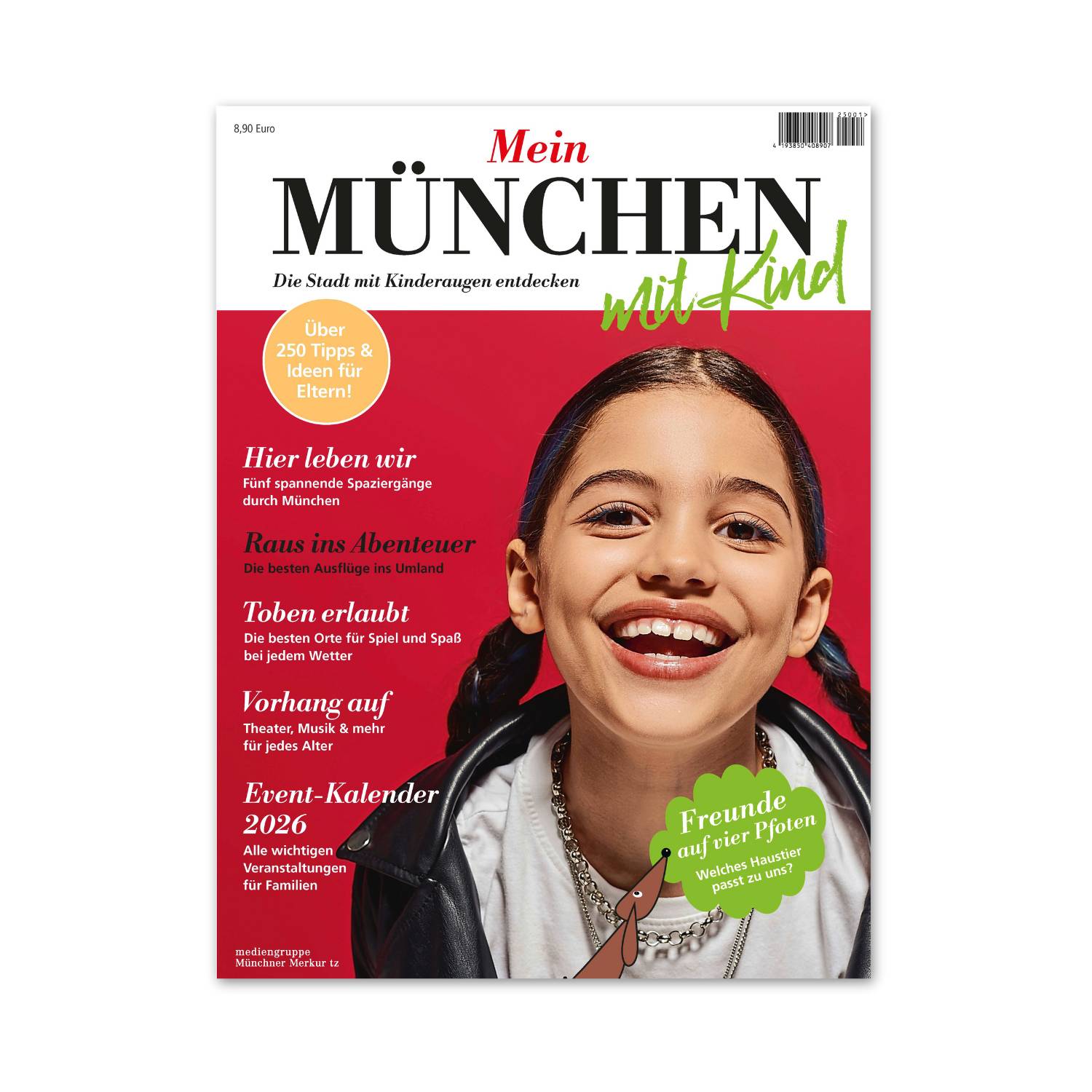 Magazin Mein München mit Kind, Titelbild mit lächelndem Mädchen, Tipps für Eltern und Event-Kalender 2026.