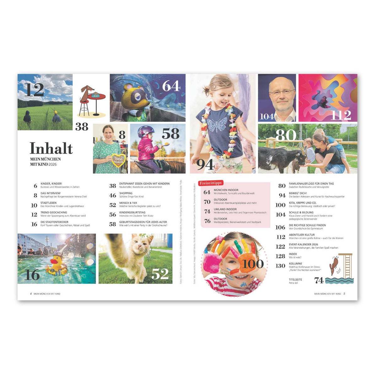 Magazin Mein München mit Kind: Inhaltsübersicht mit Bildern von Kindern beim Spielen, Tieren und Sehenswürdigkeiten, ideal für Familien.