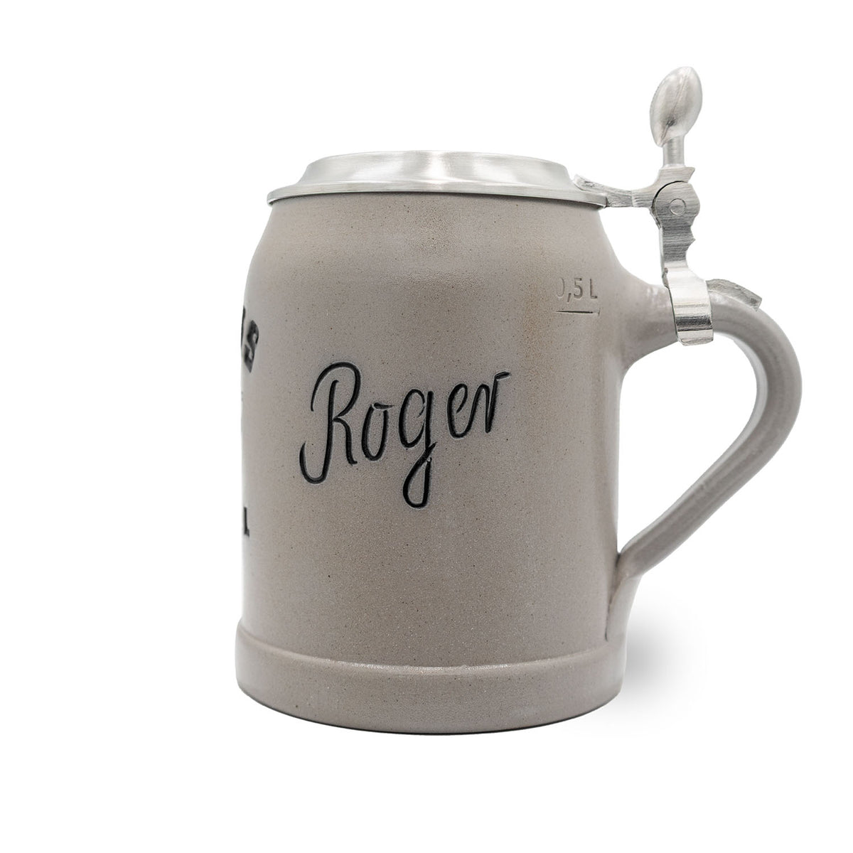 Grauer, steinerner NFL PREMIUM Teamkrug Chicago Bears mit Zinndeckel und Henkel, 0,5 Liter Markierung.