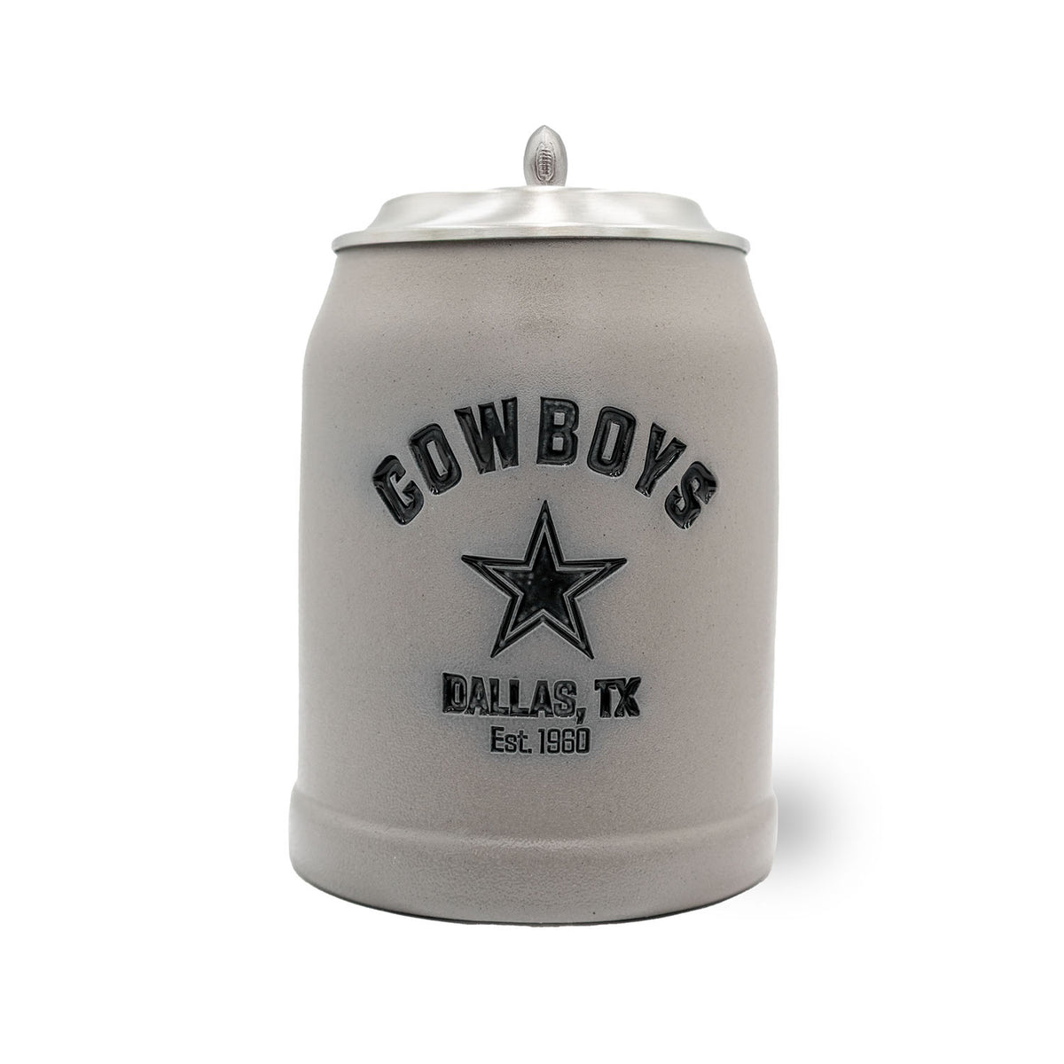 Grauer NFL PREMIUM Teamkrug "Dallas Cowboys" mit weißem Zinndeckel und Gravur, NFL-Merchandise.