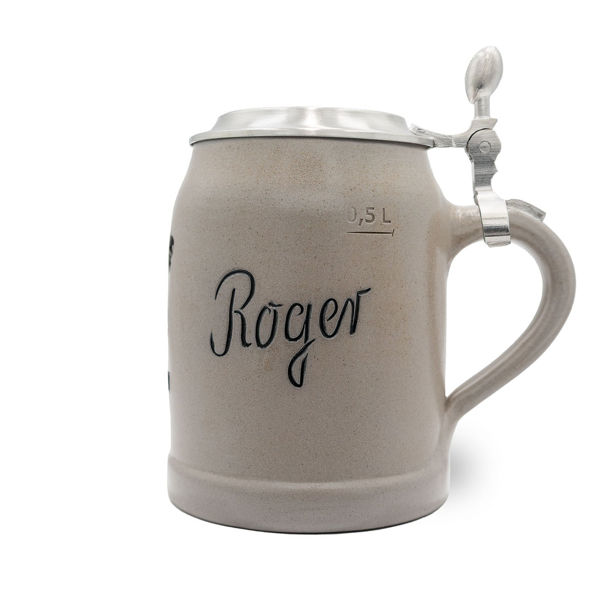 Grauer Steinkrug mit Zinndeckel und schwarzem Roger Schriftzug, 0,5 Liter Maßangabe, Detroit Lions NFL Teamkrug.
