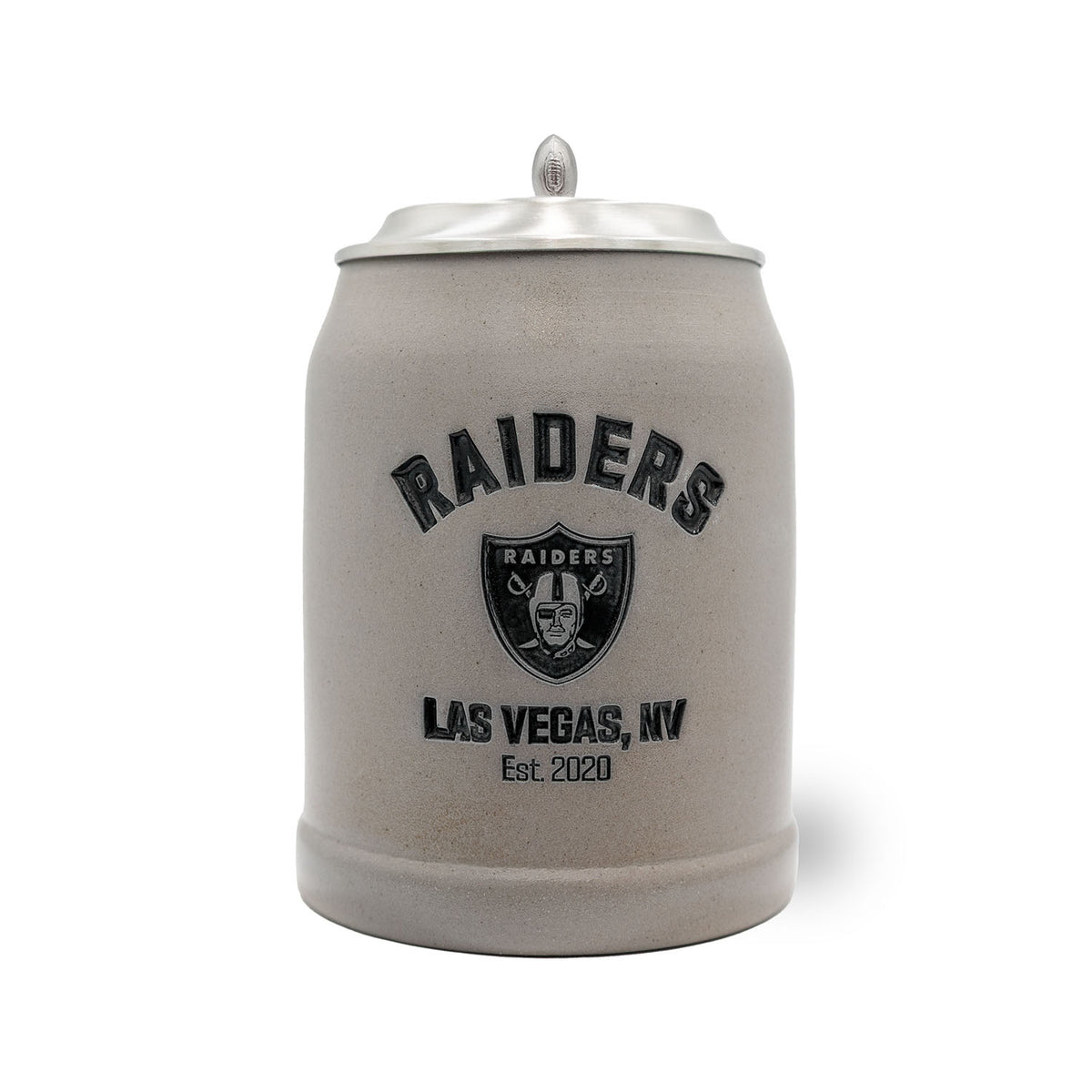 Grauer NFL PREMIUM Teamkrug Las Vegas Raiders mit Zinn-Deckel und Football-Verzierung, Logo und Schriftzug