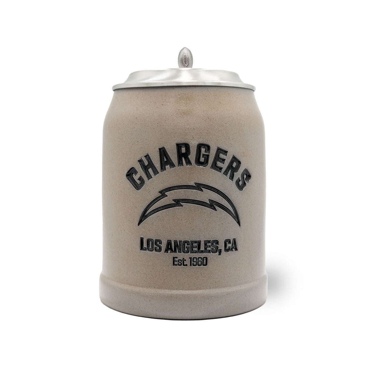 NFL PREMIUM Teamkrug Los Angeles Chargers aus Steinzeug mit Zinndeckel und Football-Griff, grauem Relieflogo