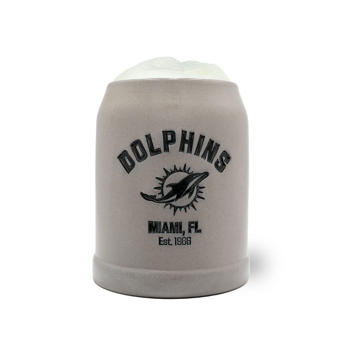 NFL PREMIUM Teamkrug Miami Dolphins, grauer Steinkrug mit Dolphins Logo und Miami FL Schriftzug.
