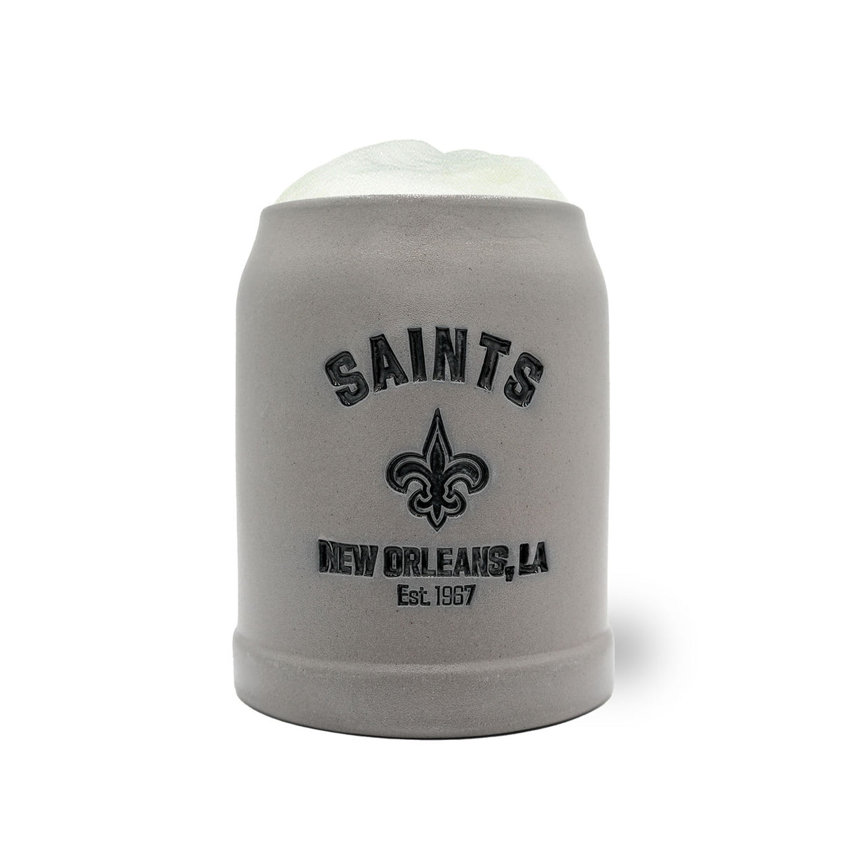 NFL PREMIUM Teamkrug New Orleans Saints, grauer Steinkrug mit schwarzem Logo, Schaumkrone, Sammlerartikel