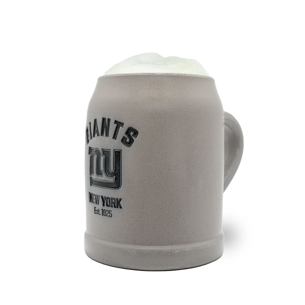 Grauer NFL PREMIUM Teamkrug New York Giants mit schwarzem Logo, Schaumkrone und Henkel für Fans.
