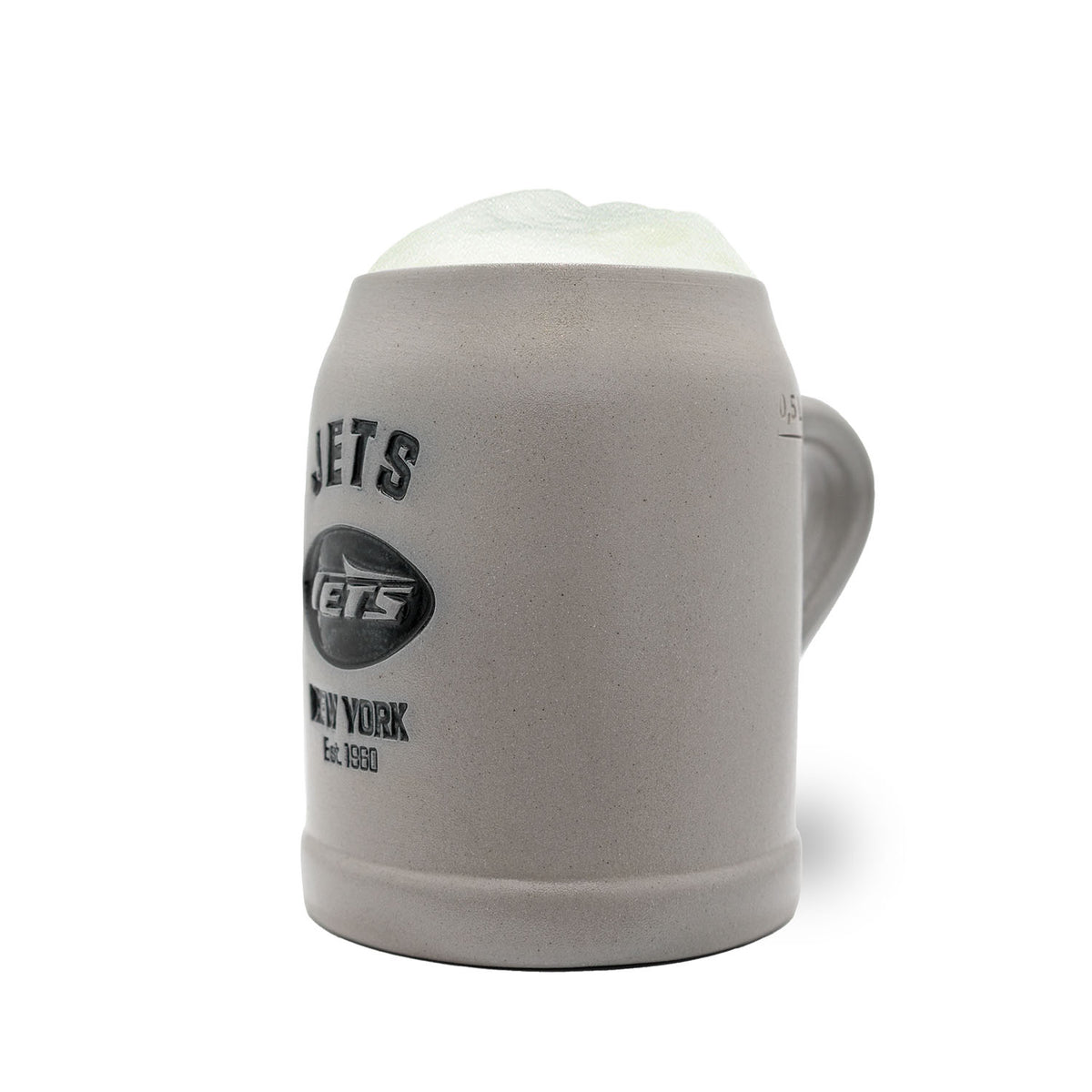 NFL PREMIUM Teamkrug New York Jets aus grauem Steingut mit detailliertem Jets Logo und Schaumkrone.