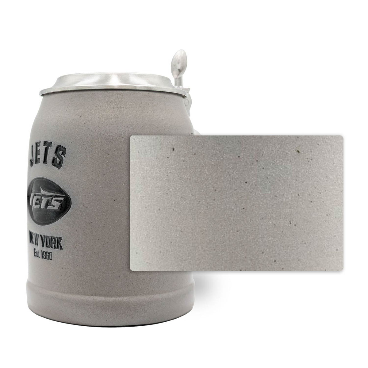 NFL PREMIUM Teamkrug New York Jets aus grauem Ton mit Zinndeckel und rauer Textur.
