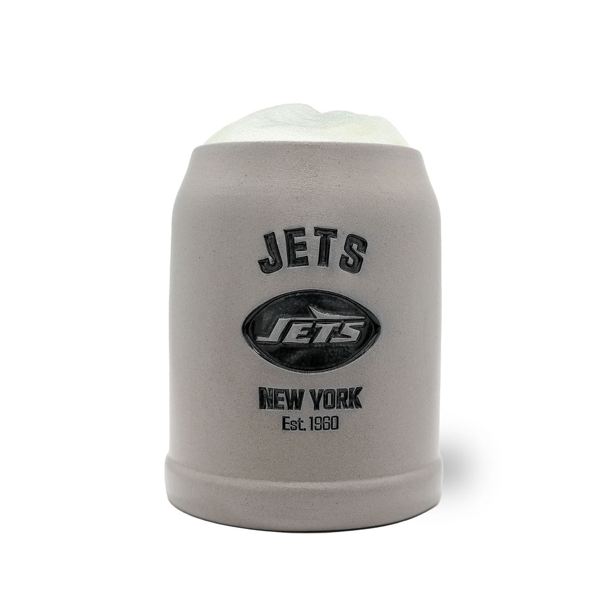 NFL PREMIUM Teamkrug New York Jets aus grauem Steingut mit detailliertem Jets Logo und Schriftzug.