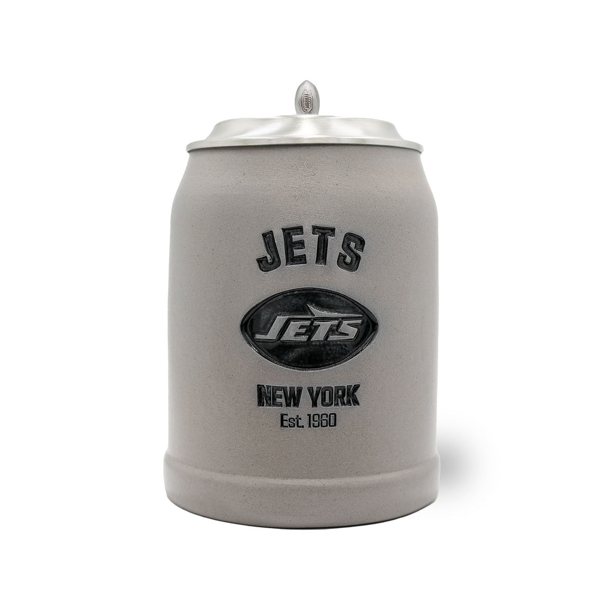 NFL PREMIUM Teamkrug New York Jets aus grauem Steinzeug mit detailliertem Zinndeckel und Logo