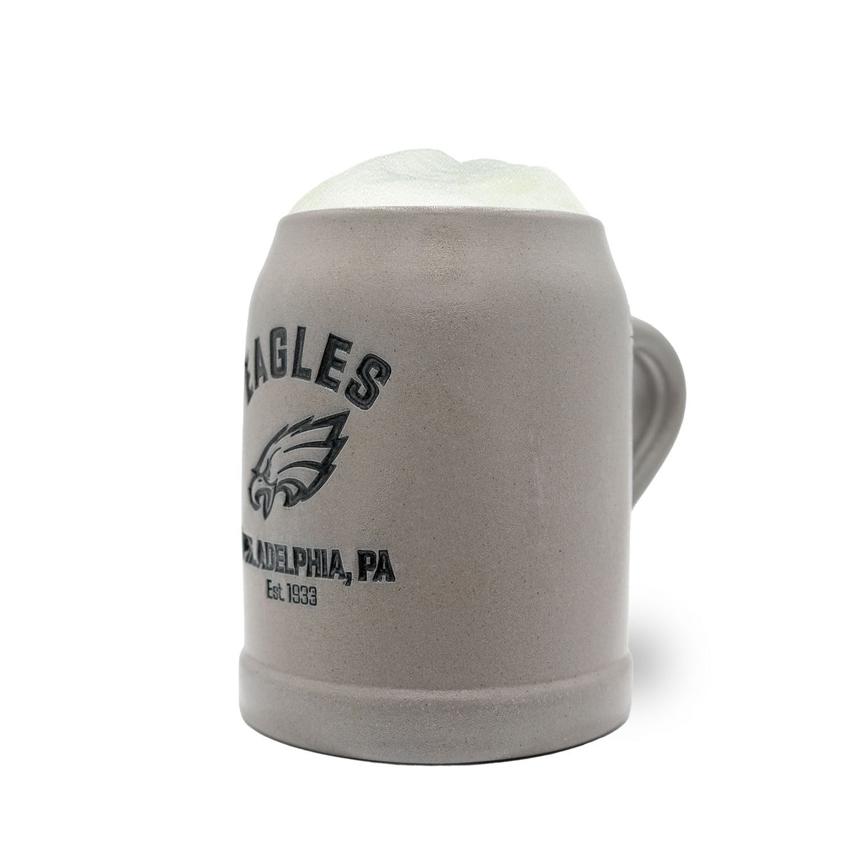 Grauer ®NFL PREMIUM Teamkrug Philadelphia Eagles mit Logo-Prägung und Schaumkrone, Details Est. 1933.