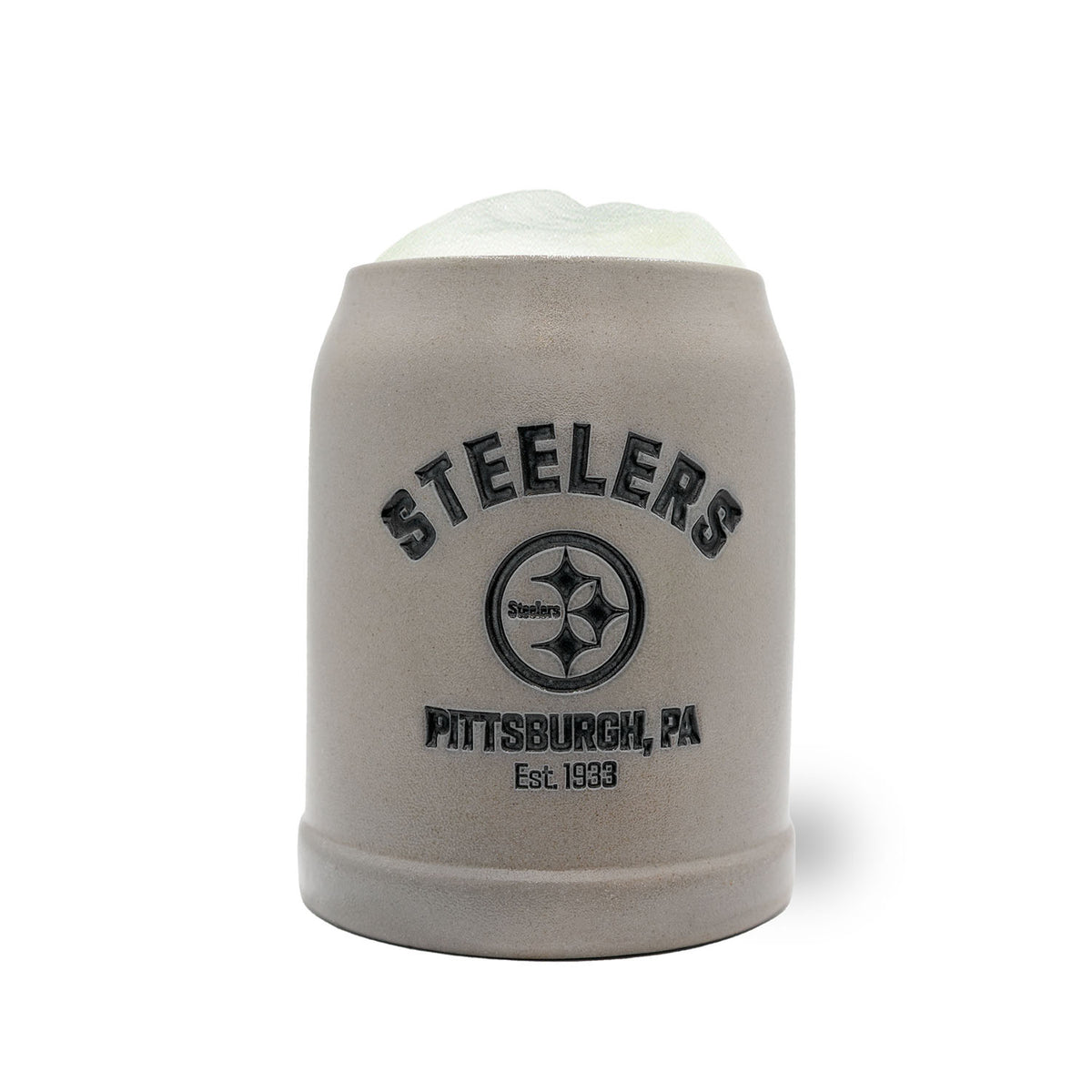 Grauer ®NFL PREMIUM Teamkrug Pittsburgh Steelers mit Logo, Schriftzug Pittsburgh, PA und Schaumkrone.