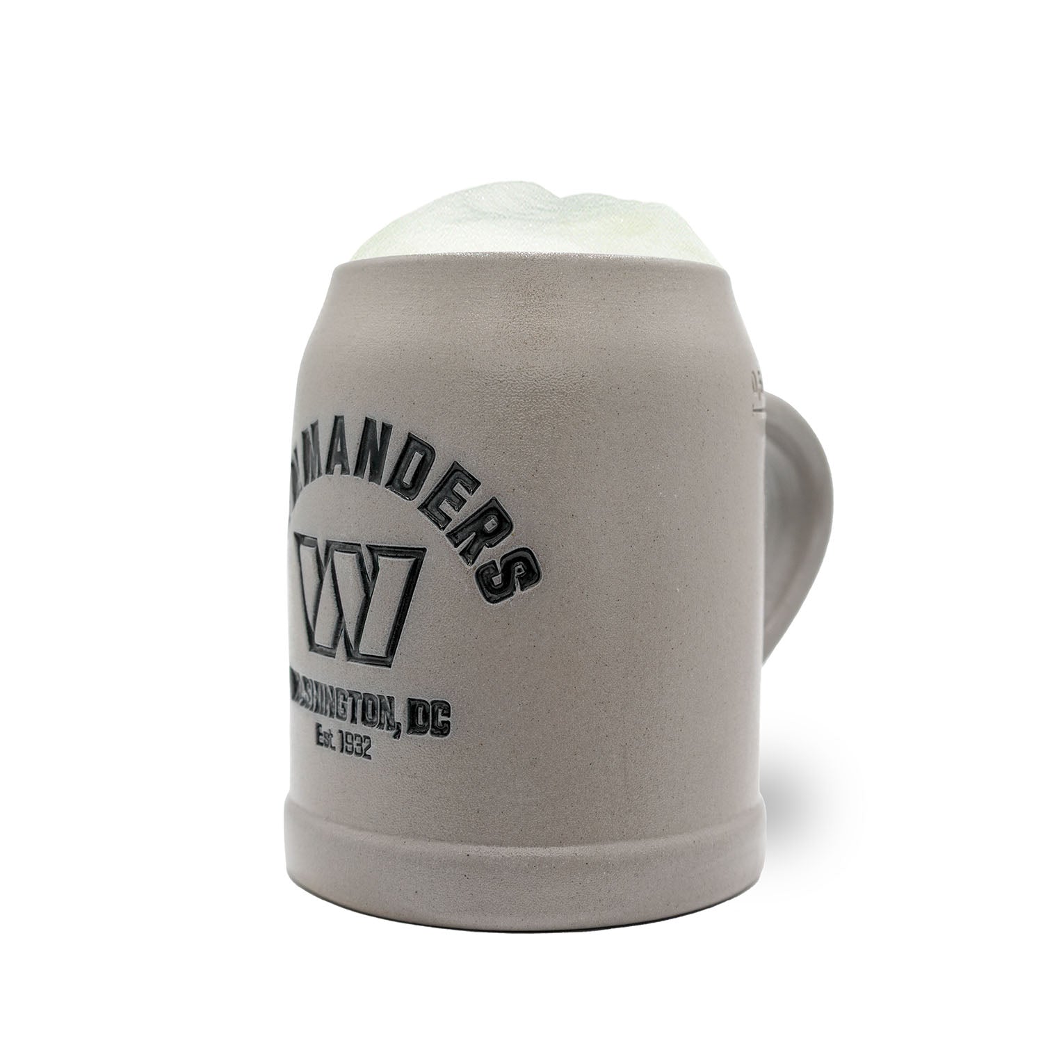 Grauer ®NFL PREMIUM Teamkrug Washington Commanders aus Keramik mit Schaumkrone, Logo und Stadtnamen.