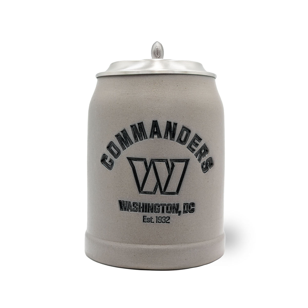 Grauer ®NFL PREMIUM Teamkrug Washington Commanders mit Logos, Wappen und Zinn-Deckel mit Football-Griff.