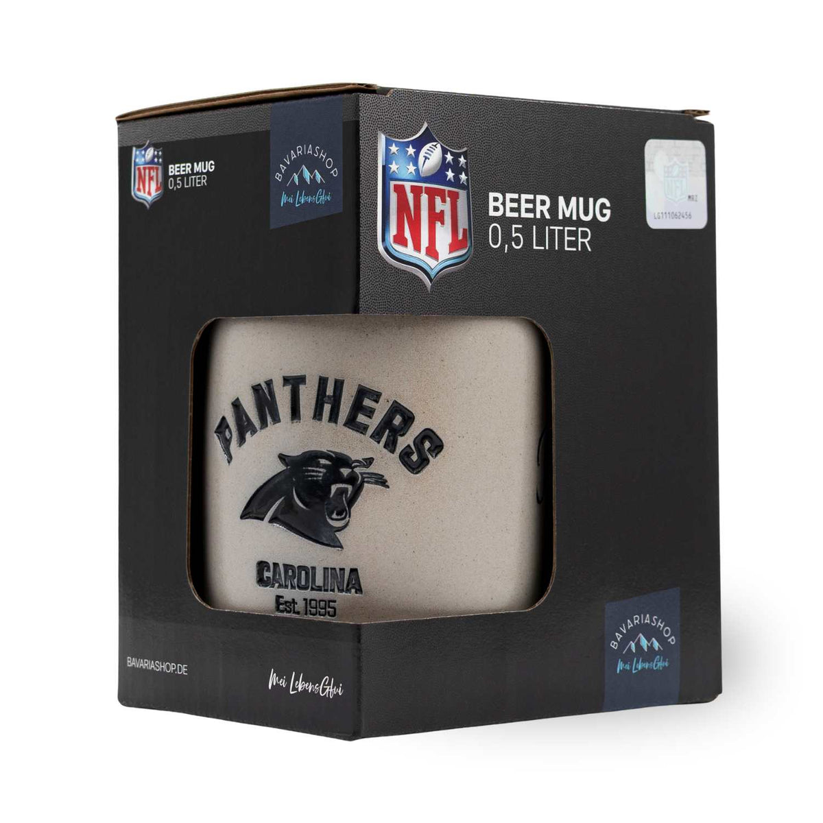 NFL PREMIUM Teamkrug Carolina Panthers im Karton, sandfarben mit schwarzem Panther-Logo und Schriftzug.