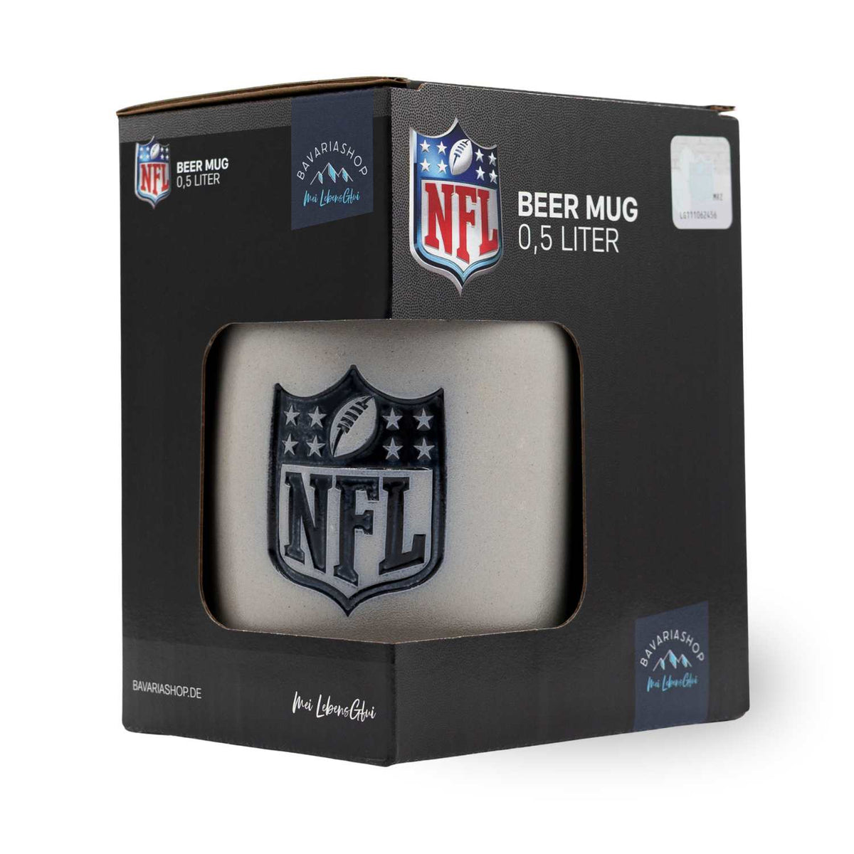 ®NFL PREMIUM Fan-Krug NFL Shield in schwarzer Geschenkverpackung, ideal für Football-Liebhaber.
