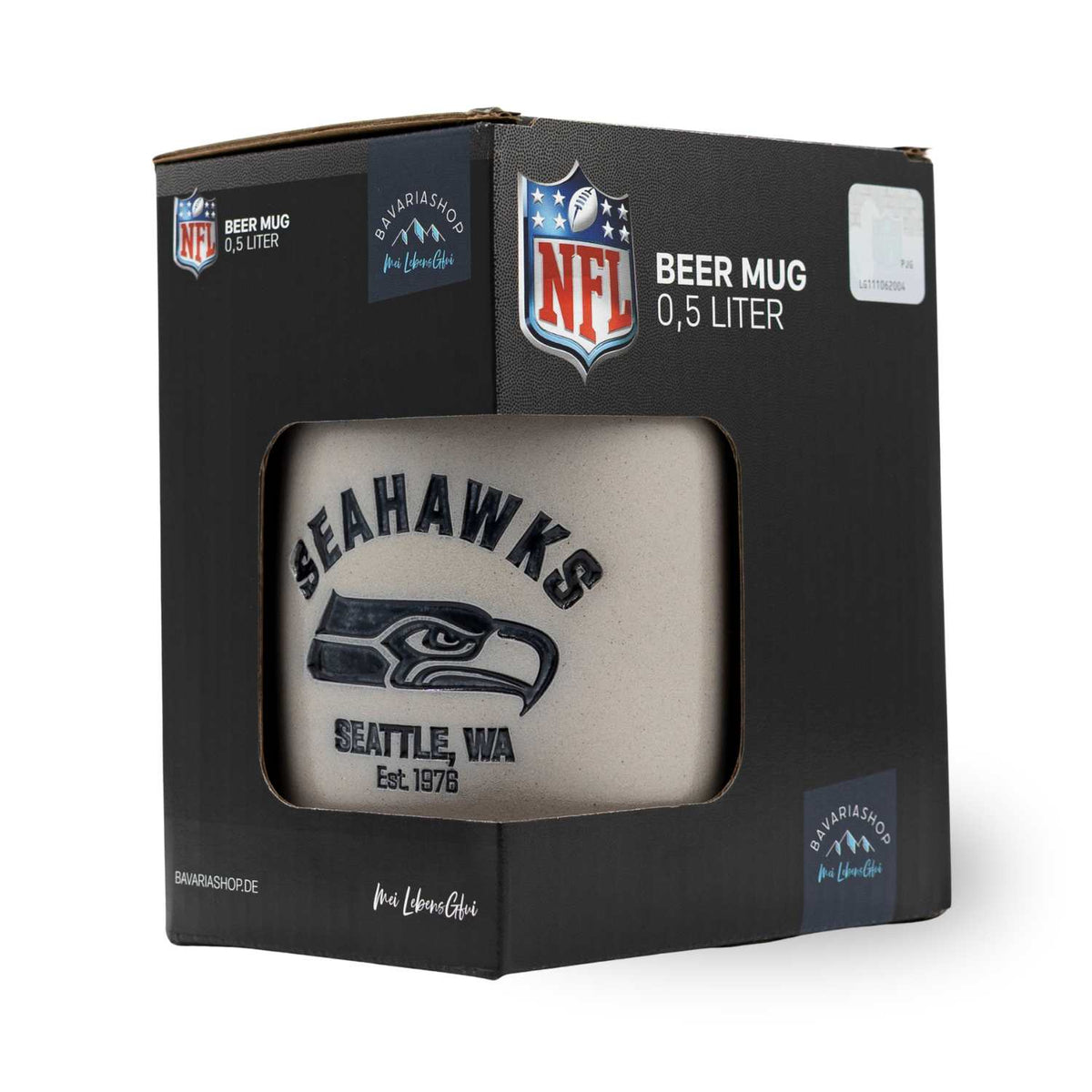 NFL PREMIUM Teamkrug Seattle Seahawks in Geschenkbox, grauer Steinzeug-Bierkrug 0,5 Liter mit Adler-Logo.