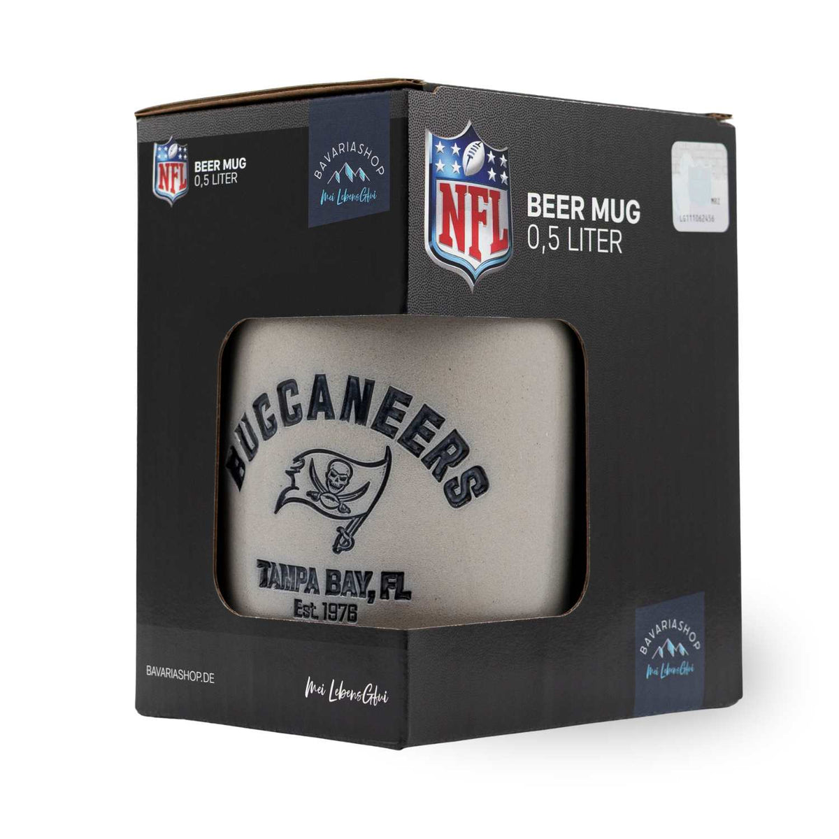NFL PREMIUM Teamkrug Tampa Bay Buccaneers im Karton, grauer Bierkrug mit Logo und Schriftzug, 0,5 Liter Football Fanartikel.