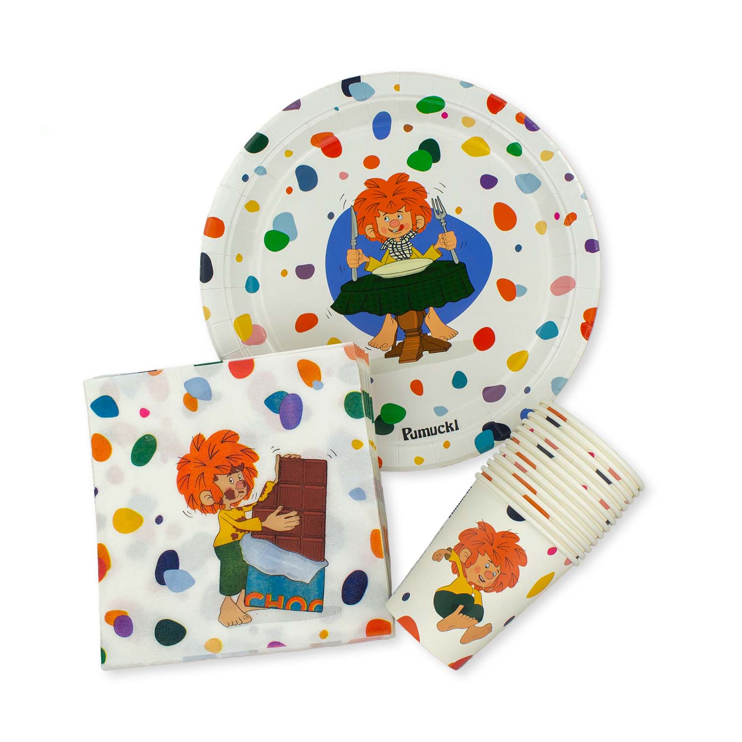 Pumuckl Kinder Party-Set für Geburtstag: Teller, Servietten und Becher mit bunten Punkten und lustigem Pumuckl-Motiv.