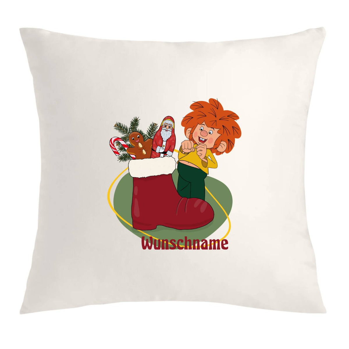 Pumuckl Kuschelkissen Nikolaus personalisiert mit Pumuckl vor rotem Nikolausstiefel mit Süßigkeiten und Tannenzweigen.