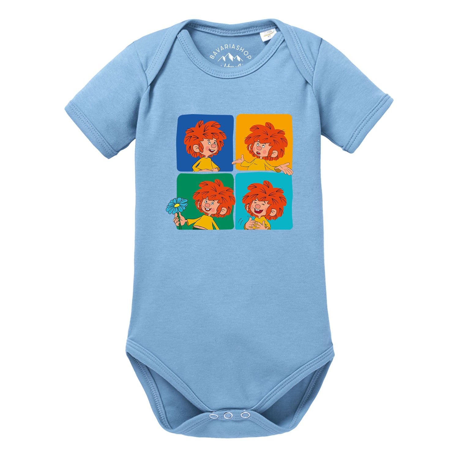 Blauer Pumuckl Baby-Body Meisterwerk mit verschiedenen Pumuckl Gesichtsausdrücken und einem Blümen Motiv.