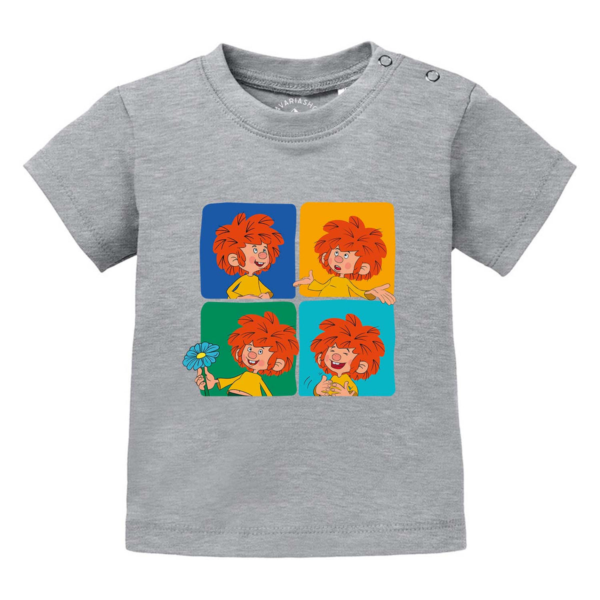 Graues Pumuckl Baby T-Shirt "Meisterwerk" mit vier bunten Quadraten und verschiedenen Pumuckl-Motiven.