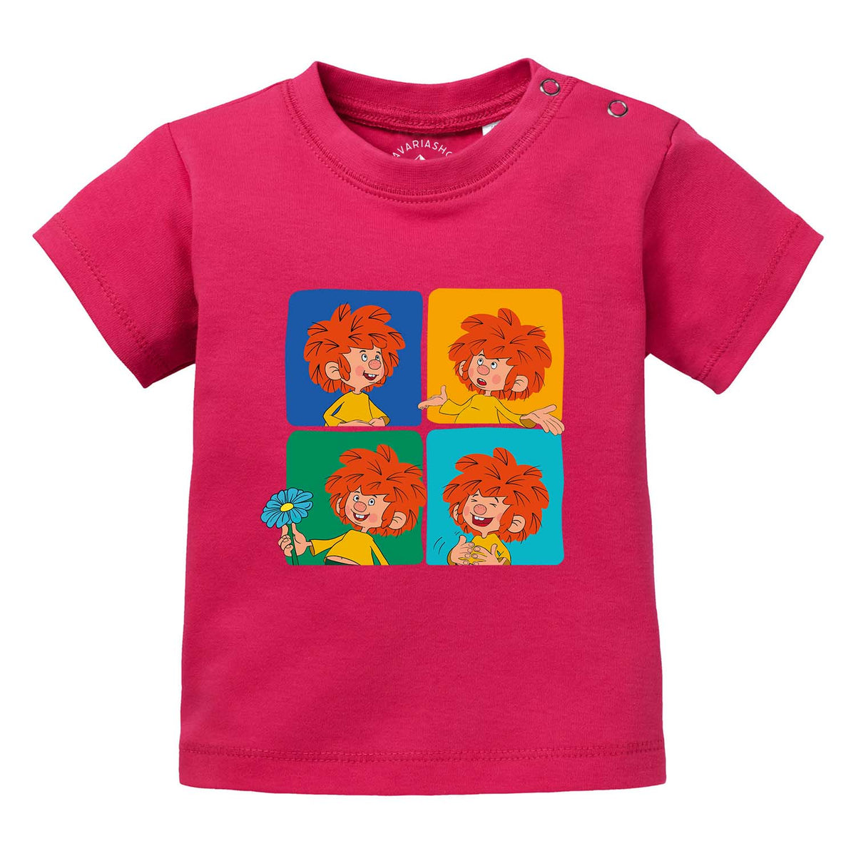 Pinkes Pumuckl Baby T-Shirt "Meisterwerk" mit vier bunten Quadraten, die den Kobold in verschiedenen Posen zeigen.